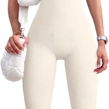 Women Workout Seamless Jumpsuit Yoga Ribbed Bodycon One Piece Spaghetti Strap Leggings Romper