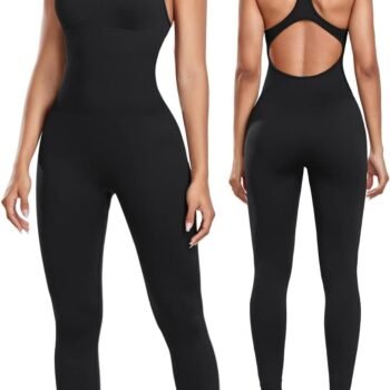 Womens Workout Jumpsuits Seamless Yoga Gym Bodycon Rompers Sexy Racerback Tummy Control Padded Bra Unitard