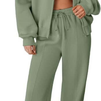 Women's 2 Piece Outfits Oversized Fleece Sweatsuit Zip Up Long Sleeve Sweatshirt with Wide Leg Sweatpants