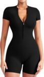 Women Short Sleeve Workout Jumpsuit Zip Up Romper Bottom Shorts Bodysuit Bodycon Sexy One Piece