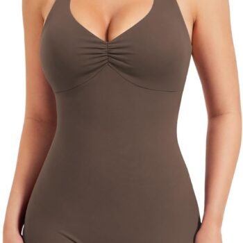 Women Halter Workout Jumpsuits One Piece Backless Bodycon Bodysuits Hidden Scrunch V Back Yoga  Short Romper