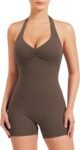 Women Halter Workout Jumpsuits One Piece Backless Bodycon Bodysuits Hidden Scrunch V Back Yoga  Short Romper