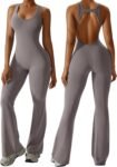 Womens Flare Jumpsuit with Bra Tummy Control Cutout Romper Workout Outfit Sleeveless Unitard One Piece Backless Bodysuit