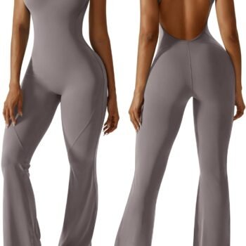 Womens Flare Jumpsuit with Bra Tummy Control Cutout Romper Workout Outfit Sleeveless Unitard One Piece Backless Bodysuit