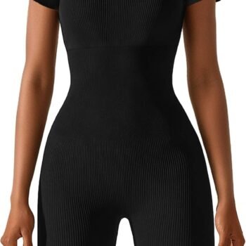 Rompers for Women Workout Seamless Romper Yoga Ribbed One Piece Tank Tops jumpsuits Short Sleeve Tummy Control Rompers