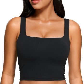 Womens Square Neck Longline Sports Bra - Workout Crop Tank Tops Padded with Built in Shelf Yoga Bra