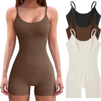 3pcs Women’s Bodysuit Yoga Workout Romper One Piece Outfits Ribbed Sleeveless Going Out Bodycon Jumpsuit Shorts