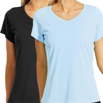 Women's Quick Dry Short Sleeve T-Shirts V-Neck UPF 50+ Tops Workout Athletic Fitness Running, Moisture Wicking