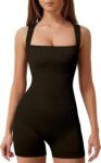 Women's Workout Seamless Romper Yoga Ribbed Bodycon One Piece Square Neck Shorts Jumpsuit