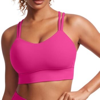 Womens  Strappy Longline Sports Bra - Molded Cup Double Spaghetti Strap Workout Bra Yoga Crop Tank Top