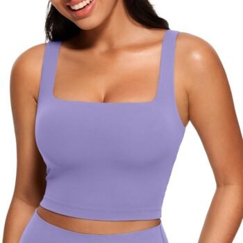 Womens Square Neck Longline Sports Bra - Workout Crop Tank Tops Padded with Built in Shelf Yoga Bra